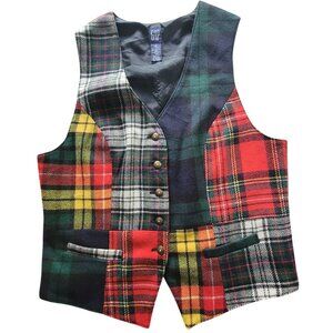 Vintage Gap Plaid Patchwork Vest Womens S Wool Blend Button-Up